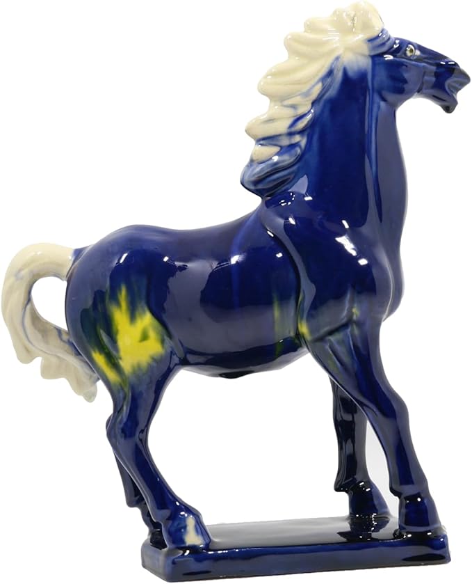 Handmade Chinese Ceramic Horse Sculpture - 9 Inch Tang Dynasty Tri-Color Porcelain Figurine, Museum Quality Home Office Desk Decor, Authentic Cultural Art Piece - Symbol of Strength & Success (Blue)
