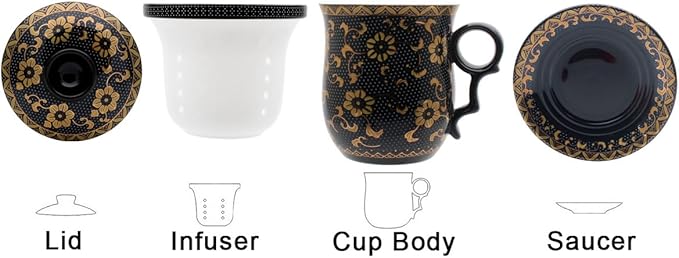 Porcelain Tea Cup with Infuser Lid and Saucer Sets - Chinese Jingdezhen Ceramics Coffee Mug Teacup Loose Leaf Tea Brewing System for Home Office