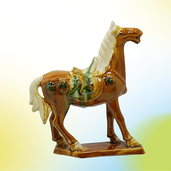 Handmade -Tang Dynasty Tri-Color Horse Sculpture Ceramic Horse-19cm Cultural Art Piece for Home,Bookcase or Office Decor (Orange)