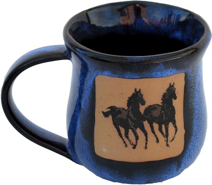 ALWAYS AZUL POTTERY Double Running Horse Mug in Real Blue Glaze - Handmade Ceramic Coffee Mug - Stylish and Unique Handcrafted Artistic Drinkware - Polished Clay Cups, Great for Coffee, Tea, and More