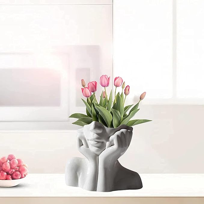 Ceramic Face Vase - Cute Half-Body Female Head Planter for Flowers, Modern Farmhouse Decor - Perfect for Desk, Table & Bookshelf, Home Accent (Large)