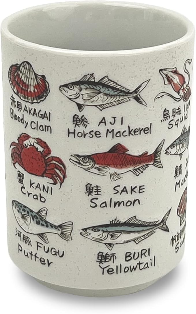 Japanese Tea Cup - Pottery 9 fl oz, Yunomi Mug, Sushi Made in Japan (C3-7 Sakanaeigo)