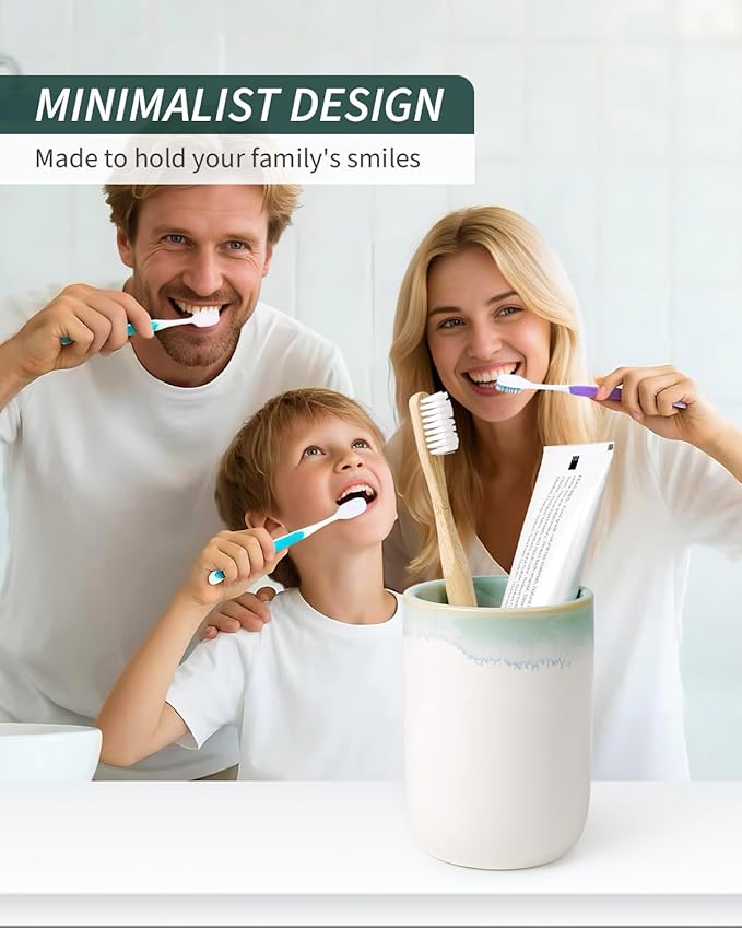 BosilunLife Ceramic Toothbrush Holder - 12oz Bathroom Toothbrush Holder Tooth Brush Holders Tumbler Cups Reusable Toothbrush Mouthwash Cup Small Toothbrush and Toothpaste Holder, White with Blue-Green