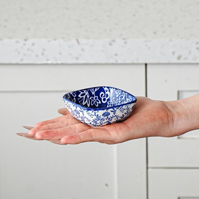 Square Dipping Bowls Set - Mini 3 inch Ceramic Soy Sauce Dishes - 2.6 Oz Small Bowls for Side Dish BBQ, Charcuterie Condiments, Ramekins Pinch Bowls for Kitchen Prep - Set of 6 - Vintage Blue