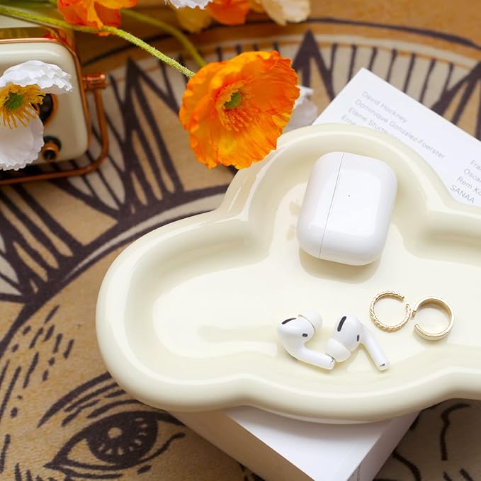 Jewelry Dish Trinket Tray for Women, Ring Dish Holder, Unique Cloud Shape Ceramic Plate Cute Things Vanity Aesthetic Room Decor Mother's Day Birthday (Crème)