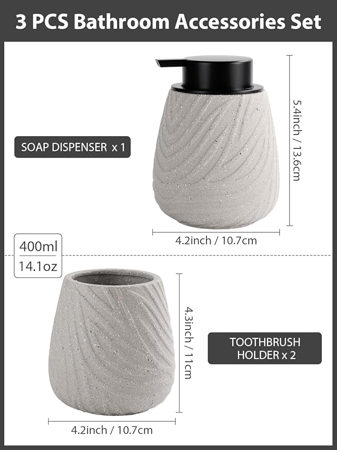 3 Pcs Bathroom Accessories Set – Ceramic Lotion Soap Dispenser, Toothbrush Holder with Rustic Leaf Vein, Modern Vanity Accessory Countertop Organizer for Bathroom Kitchen Decor
