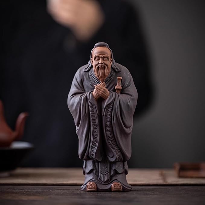 Traditional Chinese Purple Clay Confucius Statue, Ceramic Sculpture, Gray, 8.5x6.7x18.5cm, Decorative Collectible Art