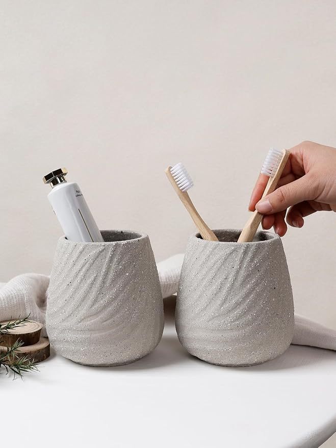 3 Pcs Bathroom Accessories Set – Ceramic Lotion Soap Dispenser, Toothbrush Holder with Rustic Leaf Vein, Modern Vanity Accessory Countertop Organizer for Bathroom Kitchen Decor