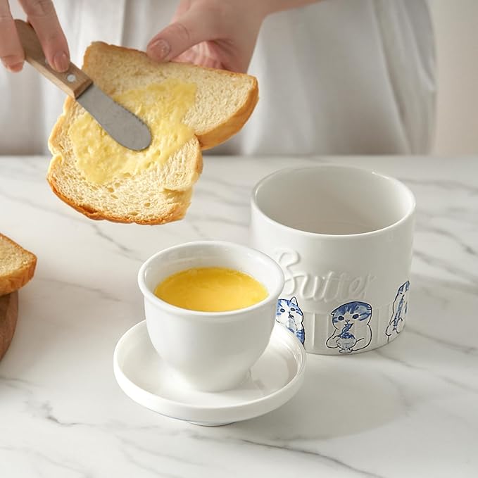 Toptier Butter Crock for Counter With Water Line, On Demand Spreadable Butter, Ceramic Butter Keeper to Leave On Counter, French Butter Dish with Lid (Greedy Cat War)