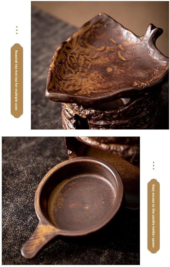 Traditional Chinese Ceramic Incense Burner and Tea Warmer, Brown Stone-Like Finish, 3.94x3.15x3.35 Inches, Multi-Purpose Design with Tea Roasting and Aromatherapy Functions (Maple Leaf Style Stove)