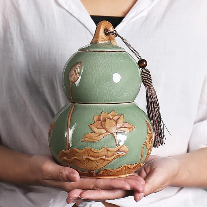 ARTLINE Airtight Lid Ceramic Tea Containers Tea Canister, Food Storage Jar Porcelain Tea Caddy Gourd Shape Design Sealed Loose Tea Tin Kichen Storage Container for Coffee Sugar, Nuts, Herb, Spice