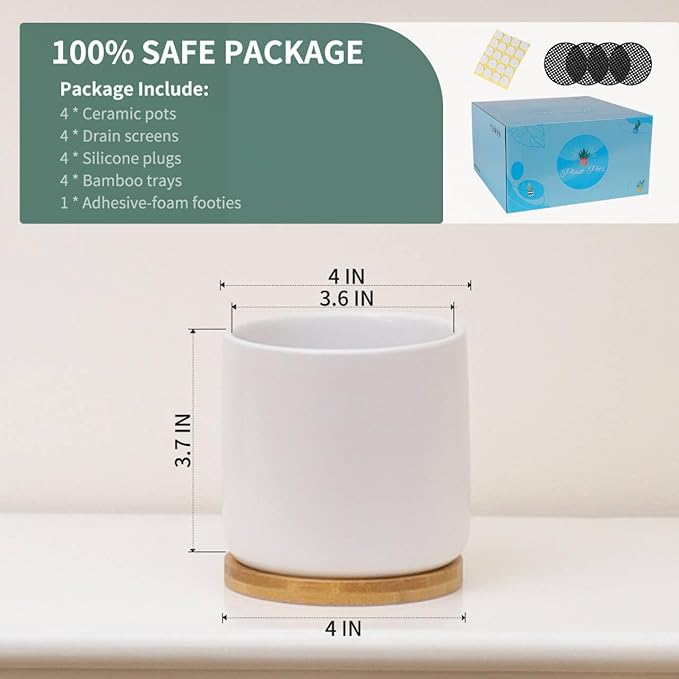 TAMAYKIM 4 Inch White Ceramic Plant Pots with Drainage Holes, Adorable Flower Planter Pot with Tray for Indoor Succulent Plants, Snake Plants, Cactus & Herbs, Set of 4 (Plant Not Included)