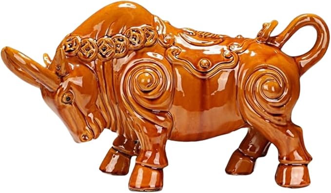Animal Ornament Sculpture Ceramic Struggling Bull Sculpture Asian Art Decoration Collection Ornaments - Brown