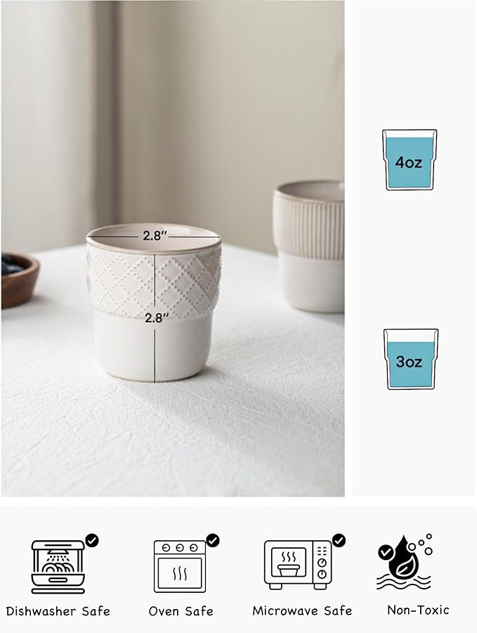 Espresso Cups Set of 2, 4oz Espresso Shot Cups, Mini Coffee Mugs Farmhouse Decor, Demitasse Cup Perfect for Coffee Maker, Microwave and Dishwasher Safe, (Embossed Stripes+Checks
