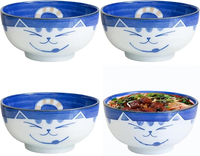 JapanBargain, Set of 4 Japanese Large Porcelain Bowls Seving Soup Rice Noodle Salad, Maneki Neko Smiling Cat Pattern, 34 fl.oz, 6.25-inch, Made in Japan