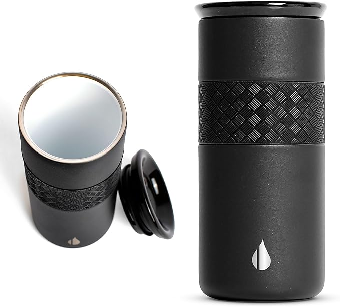 Elemental Artisan Inner Ceramic Coating Tumbler, Triple Wall Coffee Travel Mug, Reusable Stainless Steel Coffee Tumbler with Ceramic Lid for Hot (6 Hrs) & Cold (18 Hrs), 16oz - Black