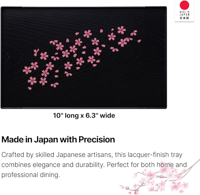 JapanBargain, Set of 2 Japanese Trays Tea Tray Sushi Plate Small Snack Tray Tempura Tray, Wood Grain Pattern, Made in Japan, 10x6.25 inch (Black w/Sakura)