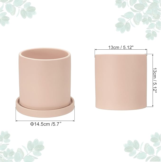 PATIKIL 5 Inch Ceramic Plant Pots, Modern Flower Planters with Drainage Holes and Tray for Decorate Home Indoor Plants Succulent Herb, Light Pink