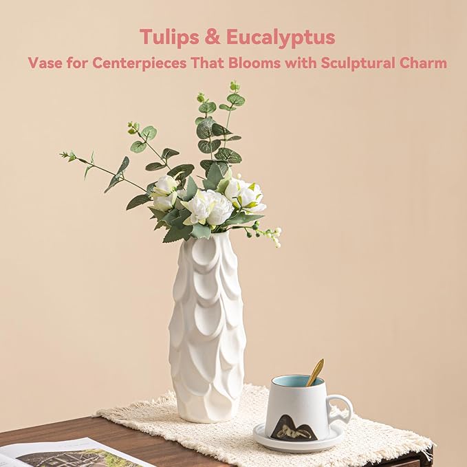 Scalloped Scale Vase - White Matte Ceramic with Textured Sculptural Design, 10.5" Unique Flower Vase for Centerpieces,Decorative Boho Vase for Living Room/Office,Ideal Valentine Gift for Art Lovers