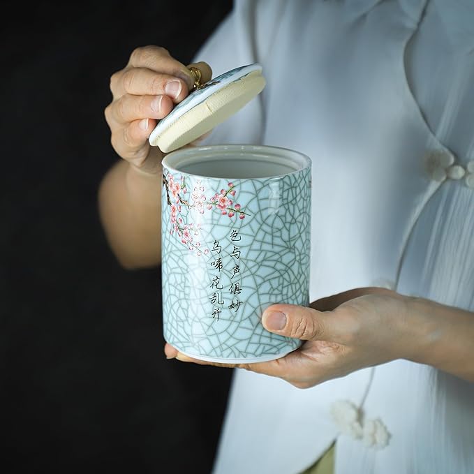 Enamel Ceramic Tea Caddy Tea Canister Tea Storage Container Tins Jar with Airtight Lid Water-proof Tank for Tea, Coffee, Herb, Sugar, Spice, Nuts