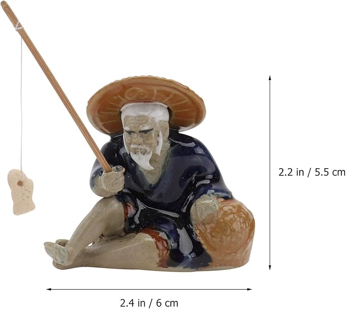 Ceramic Mini Fisherman Figurine Sitting Fishing Old Man Statue Asian Chinese Aquarium Zen Garden Decorations, 6x5.5cm, 0OQLIA1NK3403402QBD