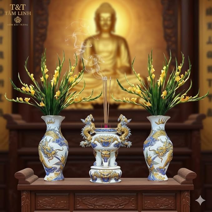 HERITAGE T&T Dragon Flower Ceramic Altar Vase Pair – Bat Trang Handmade Blue & White Vase Set – Buddhist Temple Flower Vase – Asian Home Decor – 1 Pair (2 Vases) - Blue & Yellow Glaze- 30 cm (11.8 in)