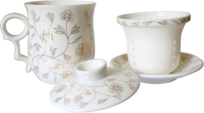 Porcelain Tea Cup with Infuser Lid and Saucer Sets - Chinese Jingdezhen Ceramics Coffee Mug Teacup Loose Leaf Tea Brewing System for Home Office