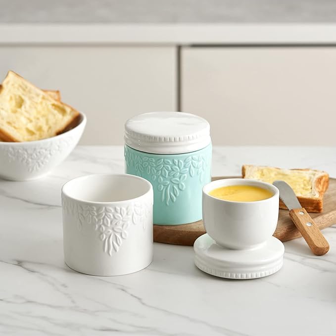 Toptier Butter Crock for Counter With Water Line, On Demand Spreadable Butter, Ceramic Butter Keeper to Leave On Counter, French Butter Dish with Lid (White Leaf)