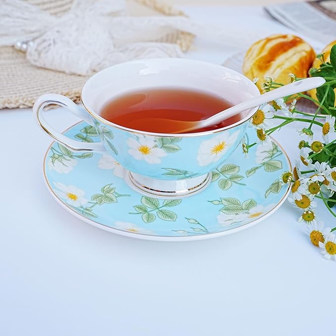 Bone China Tea Cup and Saucer Set with Spoon，Elegant Floral Tea Cup Set (7 oz)，British Coffee Latte Mug for Birthday Party Christmas gift for Friends