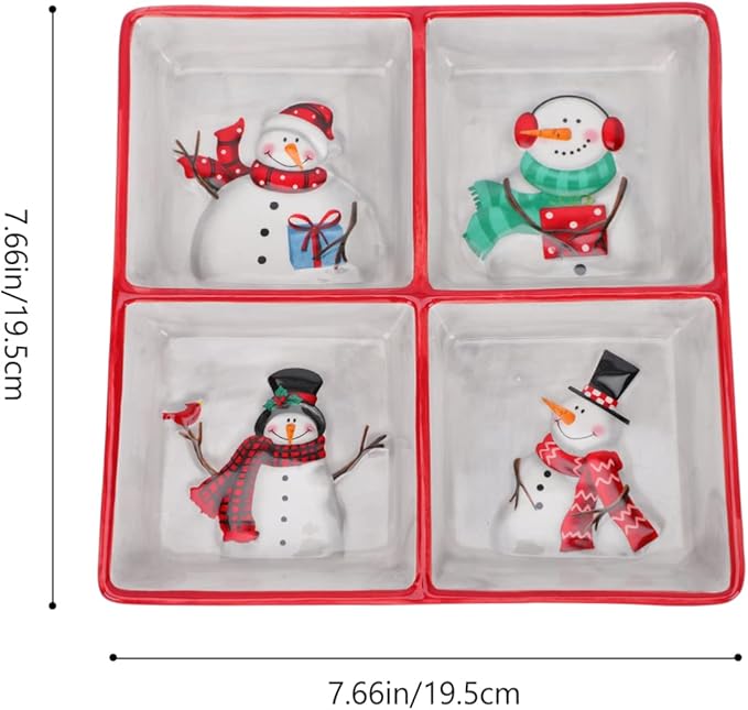 DOITOOL Christmas Ceramic Serving Dish Snowman Snack Appetizer Tray Dessert Platter Square Divided Serving Platter for Xmas Holiday Dining Table Decoration - 7.66 x 7.66 x 1.18inch