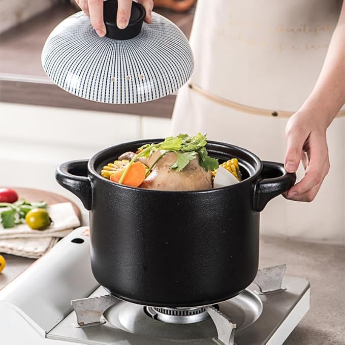 Japanese Clay Pot for Cooking with Lid - Ceramic Casserole Dish & Korean Stone Pot Alternative - Durable Earthenware Nabe Cookware for Rice, Stew & Miso Soup (Non-stick Glaze),2.5L,C