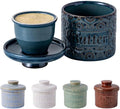TEATALK Ceramic French Butter Crock - Vintage Relief Pattern Butter Keeper with Water Seal, 6.7oz Midnight Blue Butter Dish for Fresh Spreadable Butter, Farmhouse Kitchen Decor & Gift