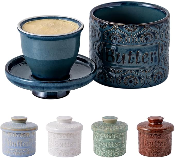 TEATALK Ceramic French Butter Crock - Vintage Relief Pattern Butter Keeper with Water Seal, 6.7oz Midnight Blue Butter Dish for Fresh Spreadable Butter, Farmhouse Kitchen Decor & Gift