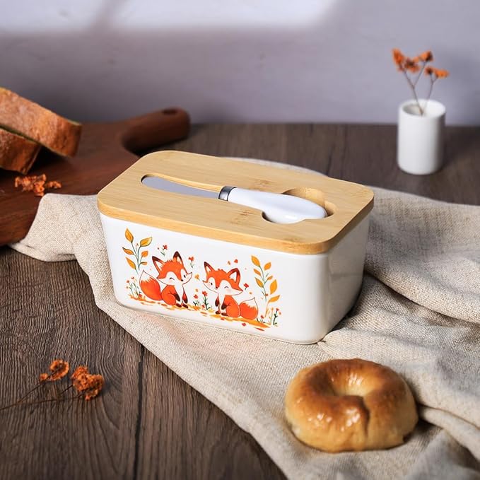 WAIT FLY Fox Ceramic Butter Dish with Bamboo Lid and Knife, 2 Sticks Butter Dish Butter Container Keeper for Kitchen Countertop, Home Decorative-Fox