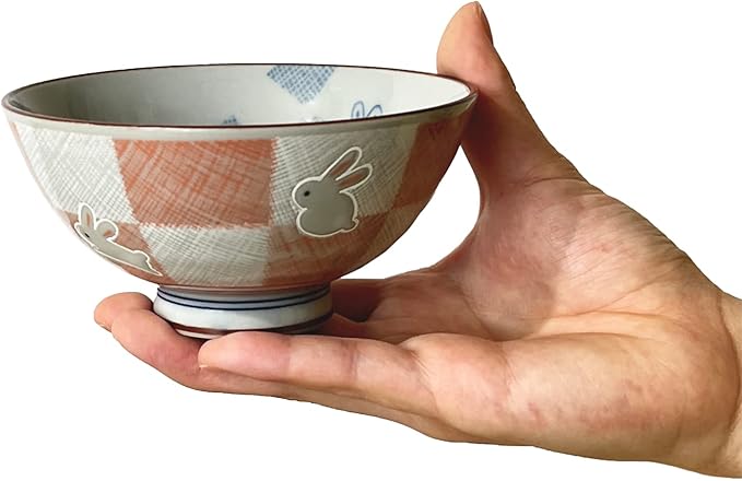 Traditional Style Japanese Ceramics Rice Bowl Chawan Pottery, Dishwasher Microwave Safe Made in Japan (Ichimatsu Usagi, Small (nakahira))