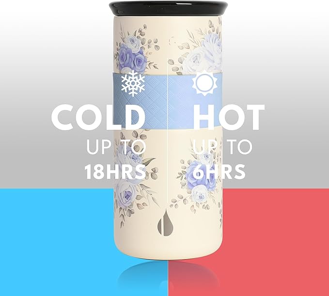 Elemental Artisan Insulated Tumbler, Triple Wall Coffee Travel Mug, Reusable Stainless Steel Coffee Tumbler with Ceramic Lid, Thermal Coffee Cups for Hot (6 Hrs) & Cold (18 Hrs), 16oz - Blue Blooms