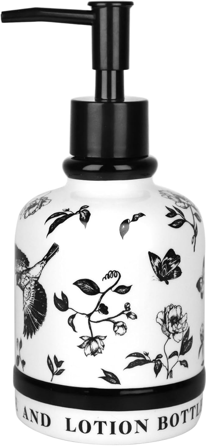Vintage Ceramic Soap Dispenser, 14.2oz Mid-Century Modern with Flower and Bird Patterns - Refillable Lotion Bottle for Bathroom, Hand Soap Dispenser for Hotel