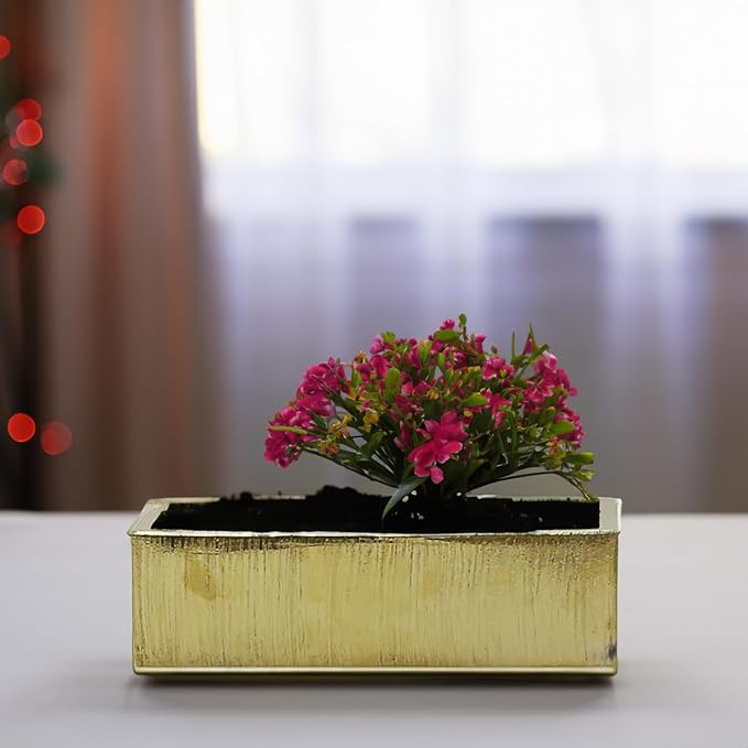 WGVI Long Rectangle Ceramic Planter Vase in Gold Etched 14" x 4" x 4"H, Rectangular Box Block Terrarium Pot, Flower Arrangement, Tabletop Centerpiece, Home Decor Organization Container, 4 Pcs.