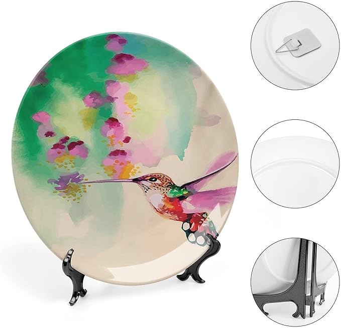 XISUNYA 10 Inch Decorative Plate, Hummingbird Ceramic Plate, Colibri Bird Flowers Spring Tropics Theme Print Ornament Display Plate Handmade Plate Wedding Christmas Thankgiving Gifts