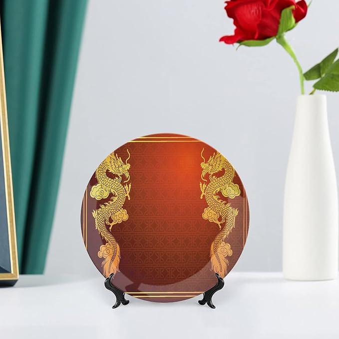 XISUNYA 7 Inch Decorative Plate, Dragon Ceramic Stoneware, Chinese Historical Asian Eastern Motif Legendary Creature Print Ceramic Wall Hanging Decor Accessory for Dining Table Tabletop Home Decor