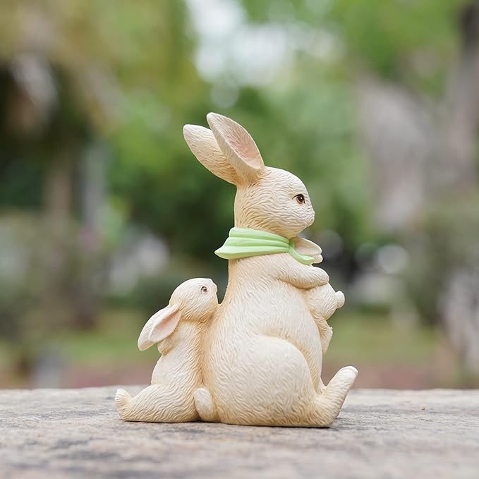 Newman House Studio Easter Decorations Family Bunny Figurines Spring-Decor - Resin Sitting Bunny Mom with Kids Tabletop Decorations for Home Farmhouse 3.5 * 1.5 * 4.5 inch