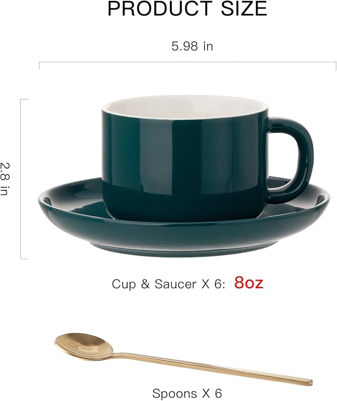 8oz Cappuccino Cups Set of 6, Ceramic Coffee Cups and Saucers Set with Spoons, Green Durable Coffee Cups for Cappuccino Espresso Latte Mocha Au Lait Macchiato Cafe