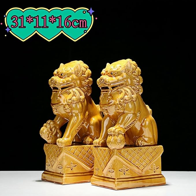 Retro Sculpture Ceramic Lions Pair Home Decorations Asian Art Desktop Feng Shui Ornaments Light Yellow