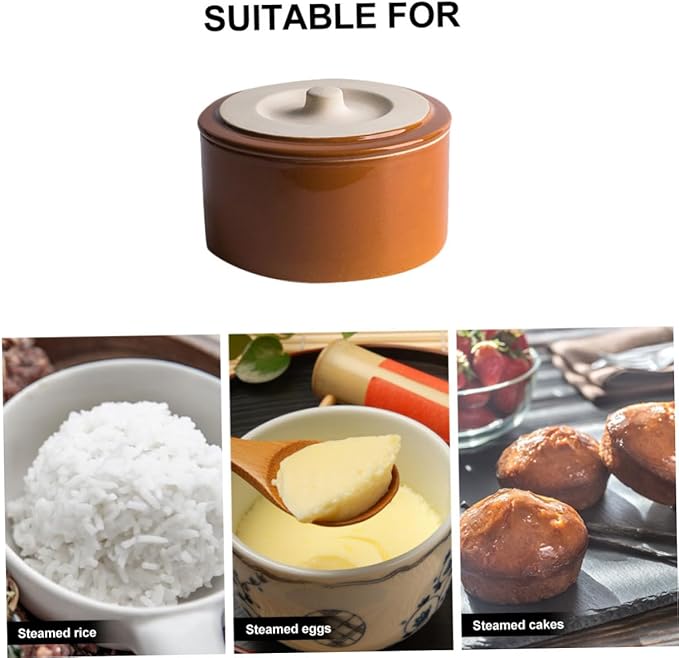 Ceramic Steaming Bowl Lid Vintage Pottery Rice Stew Bowl Home Kitchen Tableware Suitable for Steaming Eggs and Rice 1.5L Capacity