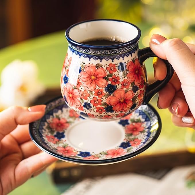 polish pottery style porcelain ceramic 10 piece Tea set,7.2oz tea cup and sauce set of 4,28.2oz teapot and 1wooden tray (Snow and Plum)