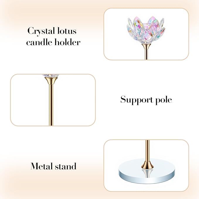 6pcs Crystal Candle Holders, Lotus Flower Candlestick Holders with Mirror Base, Metal Stand, Elegant Table Centerpieces for Home Decor, Wedding, Party (Taper Candle)