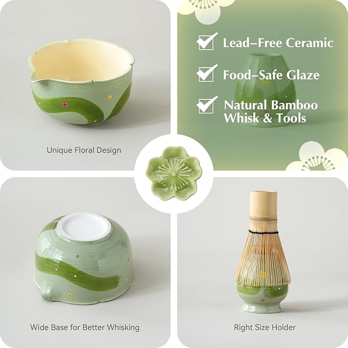 Matcha Whisk Set, 7Pcs Matcha Set with Hand-Painted Ceramic Matcha Bowl, Matcha Whisk and Holder, Scoop and Rest, Sifter, Tea Towel, Artisan Matcha Kit for Ceremony & Gifting (Green)