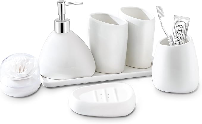 Ceramic Bathroom Accessory Set, 7 Pieces Countertop Accessories, Include Soap Dispenser, Toothbrush Holder, 2 Tumbler Cup, Soap Dish, Plastic Vanity Tray, Qtip Holder (White)