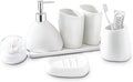 Ceramic Bathroom Accessory Set, 7 Pieces Countertop Accessories, Include Soap Dispenser, Toothbrush Holder, 2 Tumbler Cup, Soap Dish, Plastic Vanity Tray, Qtip Holder (White)