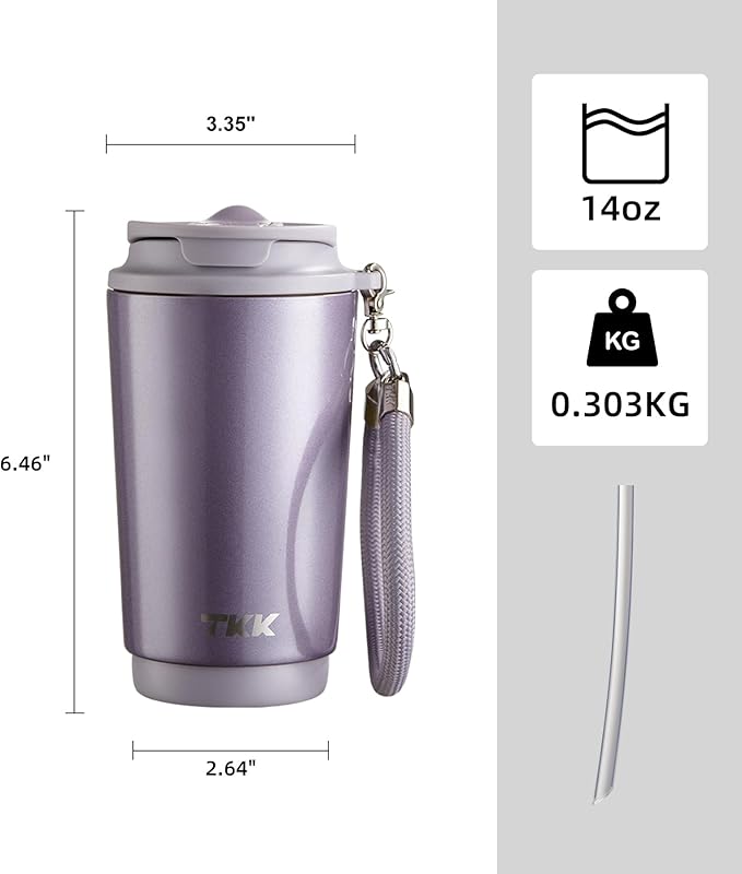 TKK Coffee Cup with Ceramic Coating - 14oz Insulated Stainless Steel Travel Mug, Leak-Proof Tumblers with Straw for Hot/Cold Beverages, Easy Wide Mouth Cleaning, Purple